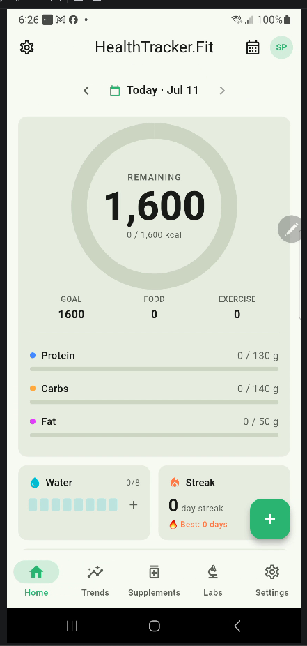 HealthTracker.Fit home dashboard